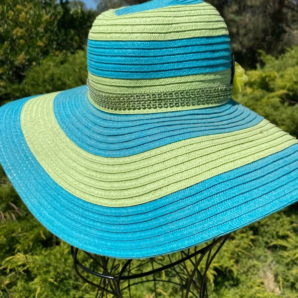 Fair Weather Blue and Green Striped Wide-Brim  Sun Hat - Picture 4 of 9